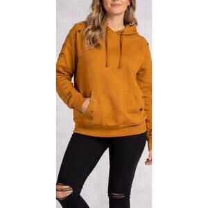 Chelsea DeBoer Distressed Hoodie Pullover Women M Mustard Grunge